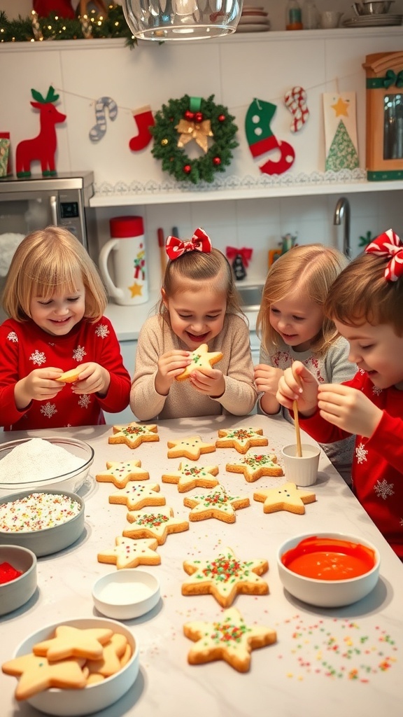 Children decorating Christmas cookies with icing and sprinkles in a festive kitchen.